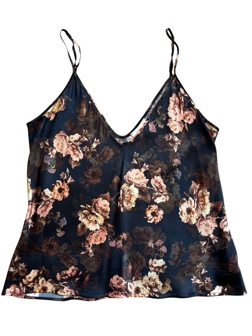 L'AGENCE Navy Floral Satin V-Neck Cami with Pink and Cream Roses
